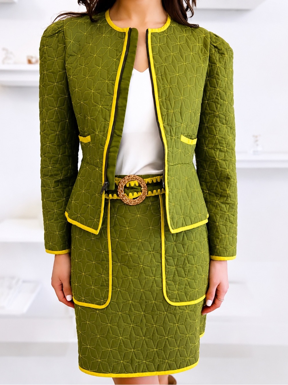 Anna Cate Quilted Peplum Jacket Olive Green Yellow Trim Puff Sleeve Cotton S